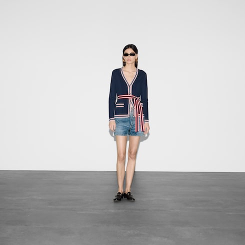 Self-tie cardigan with striped trim - dark blue