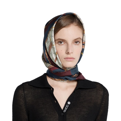 Printed silk twill carré - brown and red