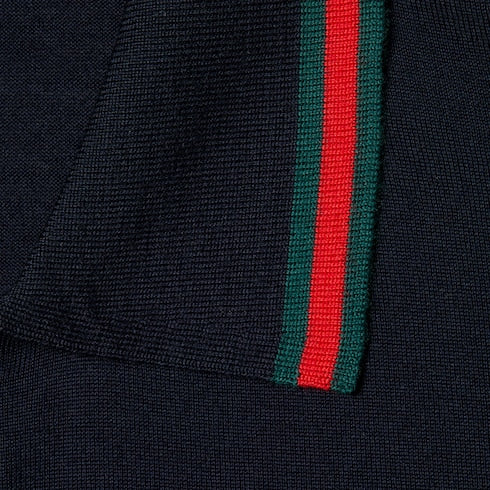 Wool knit polo shirt with Web - dark blue