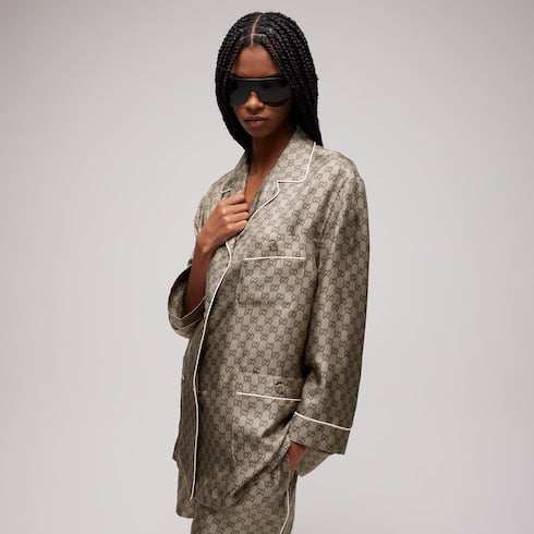 Printed silk twill shirt - beige and dark brown