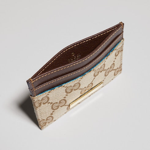Card case with Gucci plaque - sand and brown GG canvas