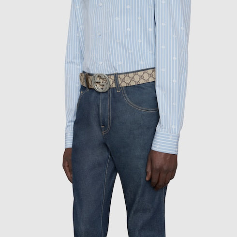 Belt with Interlocking G buckle - GG Supreme Beige