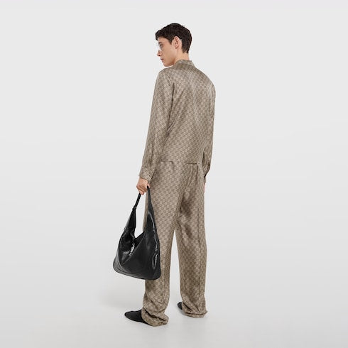 Printed silk twill bowling shirt - beige and dark brown