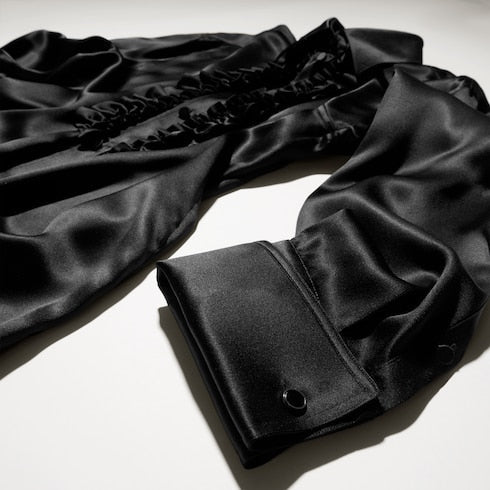 Silk satin shirt with rouches - black