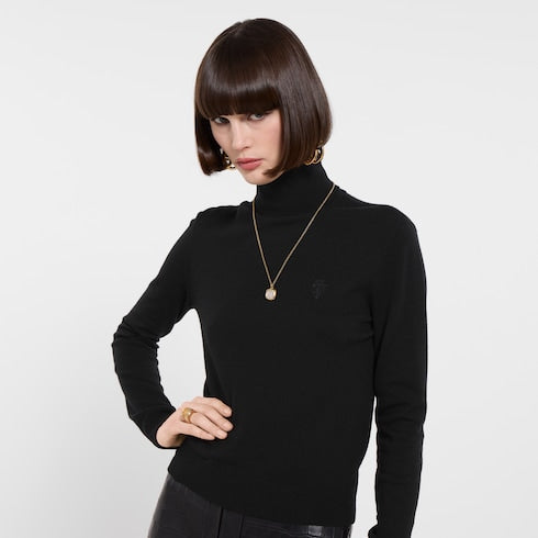 Knit wool turtleneck with embroidery - black