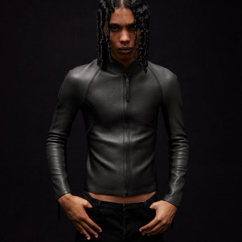 Grainy leather zip jacket - black