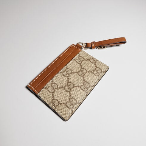 GG Emblem card case with strap - beige and dark brown fabric