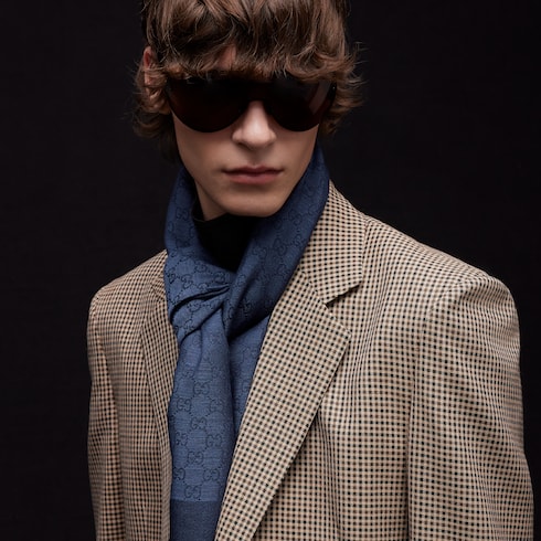 GG wool silk jacquard shawl - blue