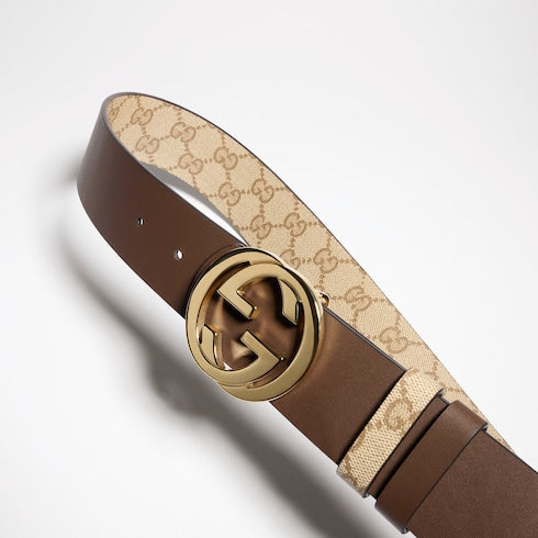 Reversible belt with Interlocking G buckle - sand GG canvas and leather