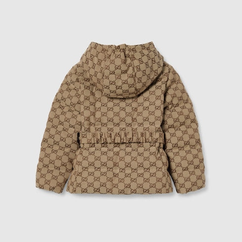 Children's GG canvas padded jacket - camel and dark brown