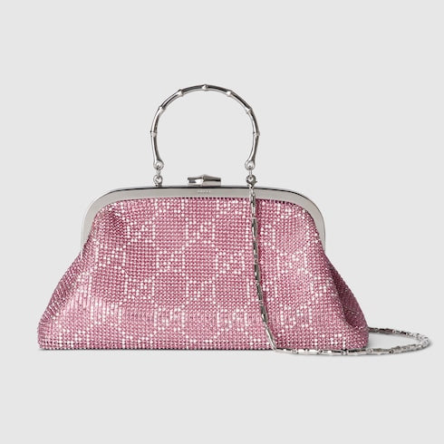 Crystal medium evening top handle bag - pink and silver GG crystal