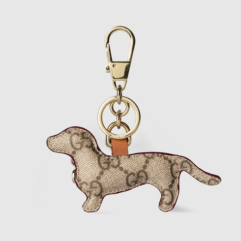 Dog-shaped bag charm - beige and dark brown canvas