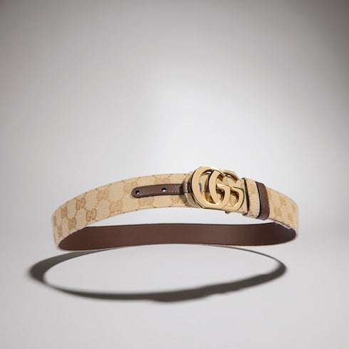 Cut GG Marmont reversible belt - sand GG canvas and leather