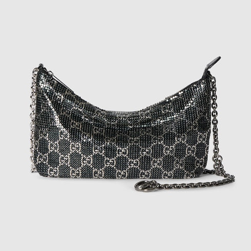 Metallic evening bag with charm - black and silver GG mesh