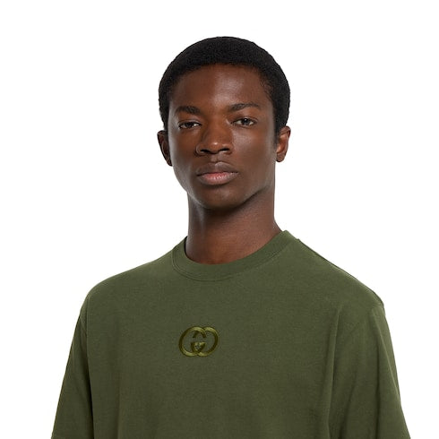 Cotton jersey T-shirt with embroidery - forest green