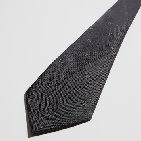 Double G silk jacquard tie - black