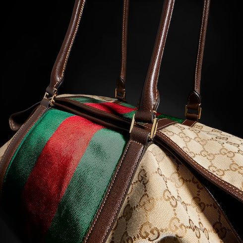 Medium GG duffle bag with Web - sand and brown GG canvas