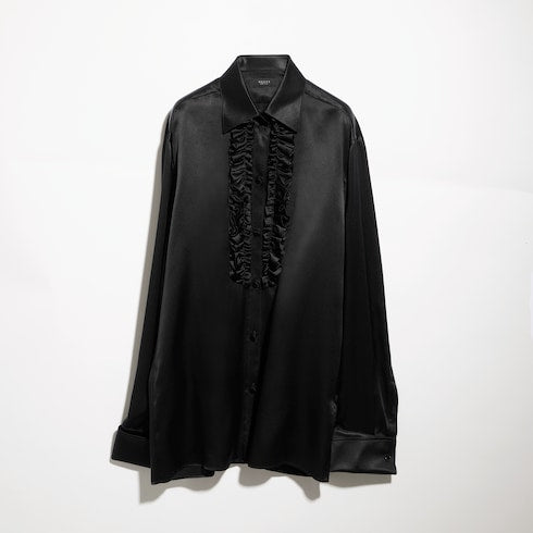 Silk satin shirt with rouches - black