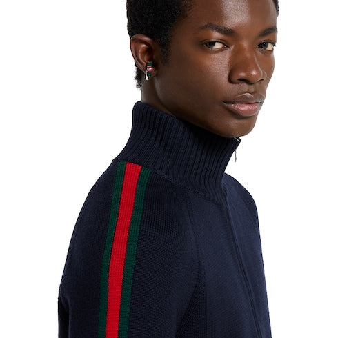 Woven stitch knit wool zip jacket - dark blue