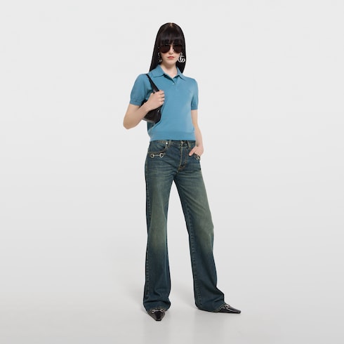 Knit wool polo shirt with embroidery - light blue