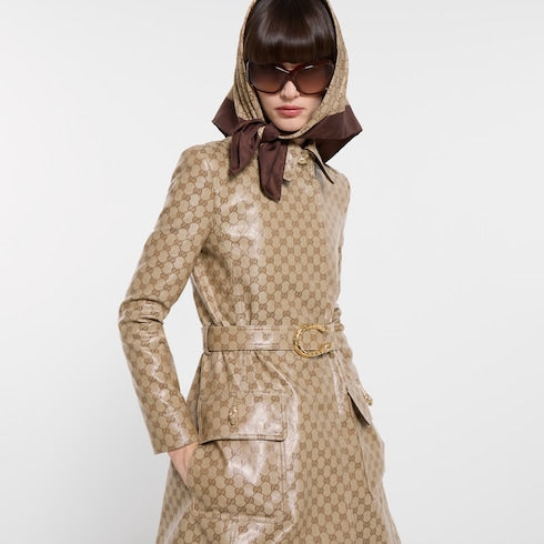 Coated GG cotton canvas fabric coat - sand