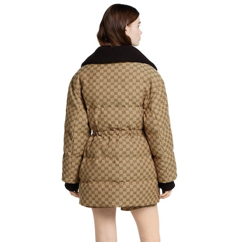 GG canvas puffer jacket - camel and dark brown
