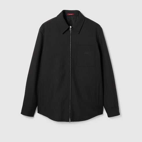 Wool twill zip overshirt - black