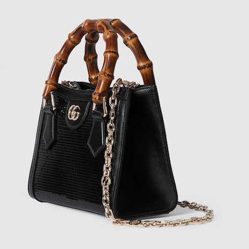 Gucci Diana embroidered small tote bag - black silk satin