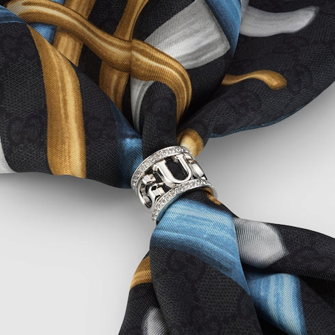 Gucci logo carré ring with crystals - silver-toned