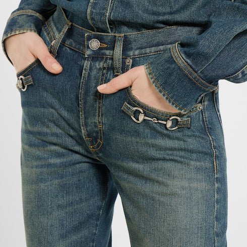 Cotton denim pants with Horsebit - blue