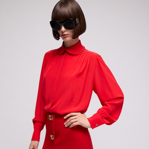 Silk crêpe de chine shirt with embroidery - red