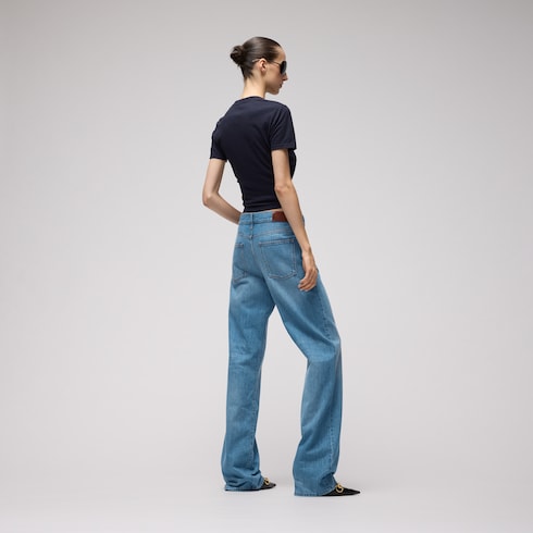 Bleached washed cotton denim pants - blue
