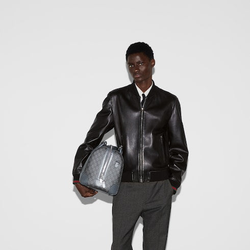 Leather bomber jacket with Web - black