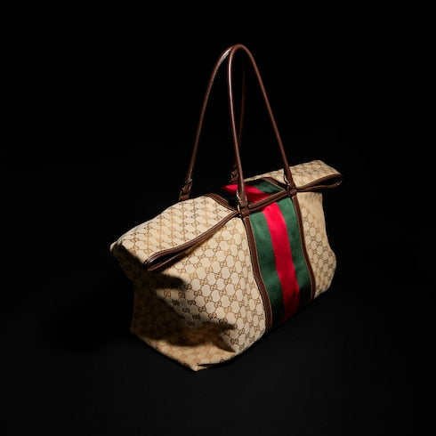 Medium GG duffle bag with Web - sand and brown GG canvas