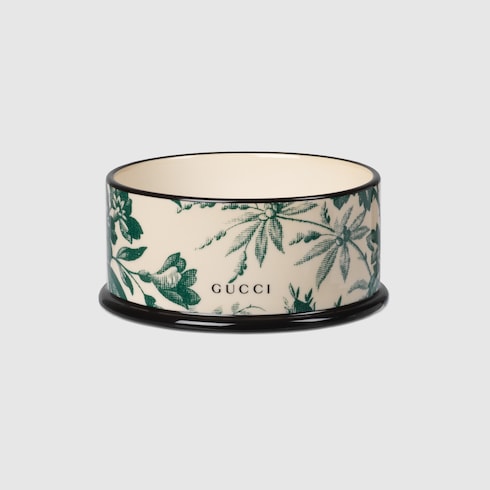 Small Herbarium print pet bowl - green and ivory porcelain