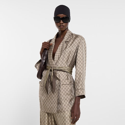 Printed silk twill diamond scarf - camel and brown