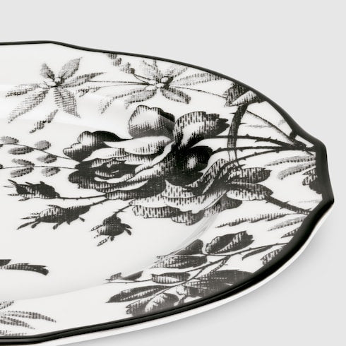 Herbarium dessert plate, set of two - black and white porcelain
