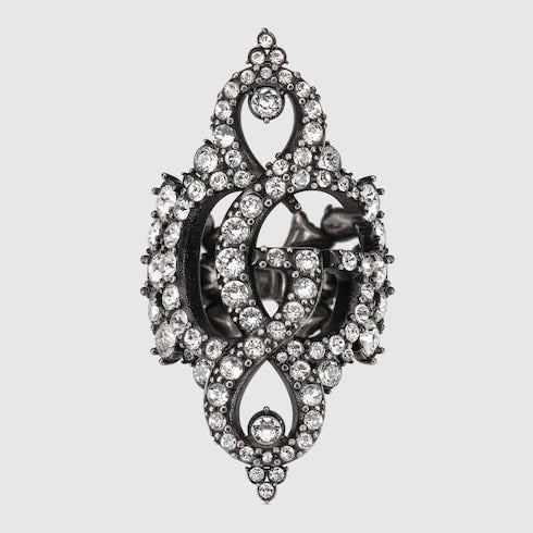 GG Marmont crystal wide ring - palladium-toned brass
