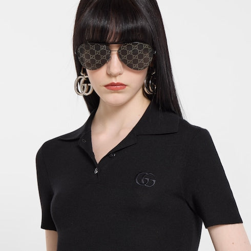 Cashmere silk polo shirt with embroidery - black