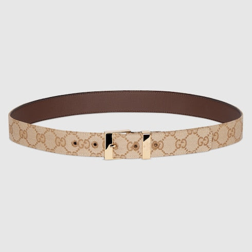 Belt with squared buckle - sand and brown GG canvas