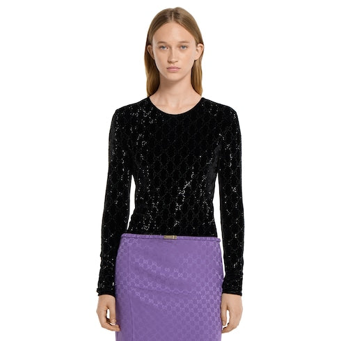 Embroidered stretch chenille top - black