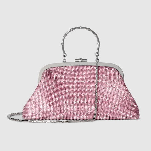 Crystal medium evening top handle bag - pink and silver GG crystal