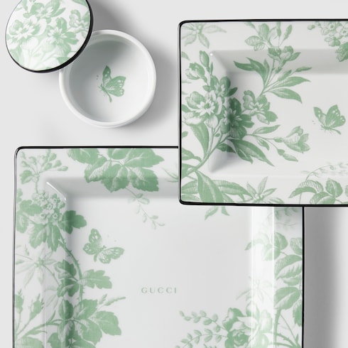 Herbarium print large trinket tray - white and green porcelain