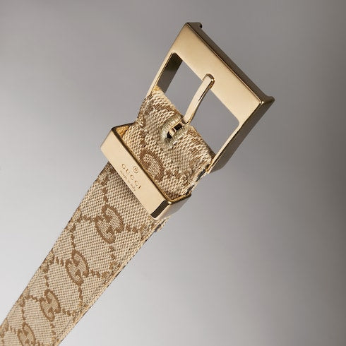 Belt with squared buckle - sand and brown GG canvas