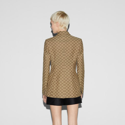 Double-breasted GG canvas jacket - camel and ebony
