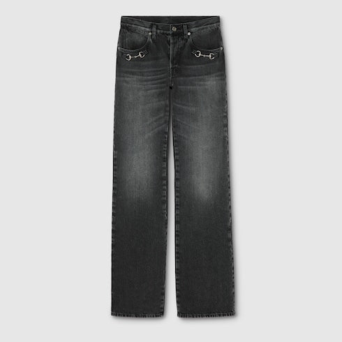 Cotton denim pants with Horsebit - dark grey