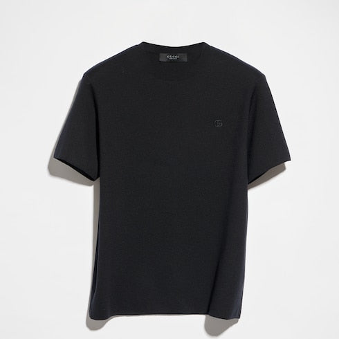 Knit silk cotton T-shirt with embroidery - black