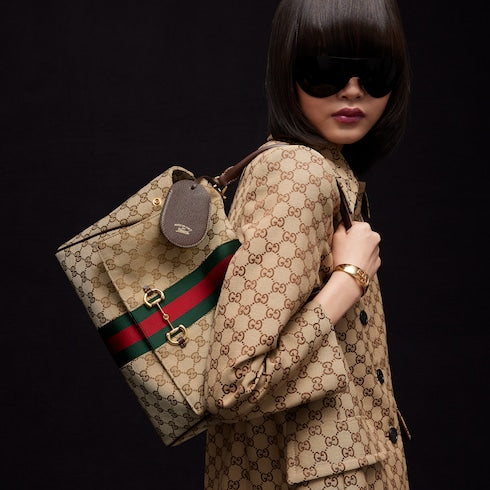 Paparazzo medium top handle bag - sand and brown GG canvas