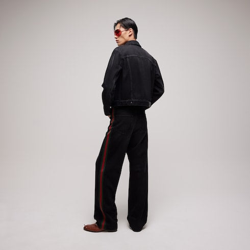 Cotton denim pants with Web insert - black