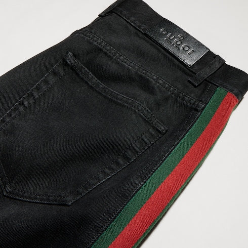 Cotton denim pants with Web insert - black